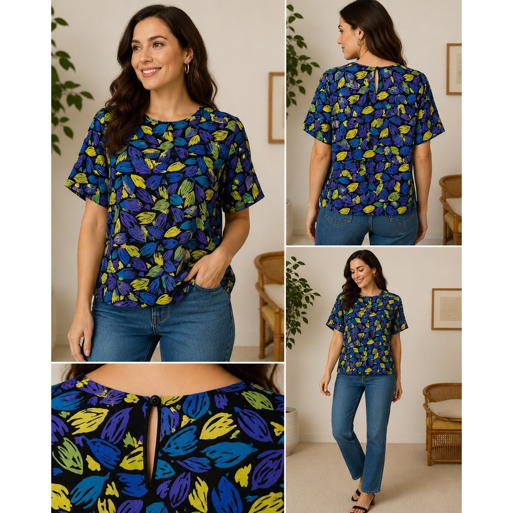 Vintage 90s Anna and Frank Womens 100% Silk Leaf Print Blouse S Black Pop Art